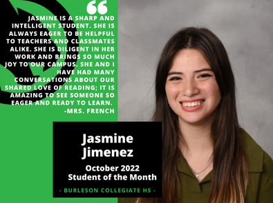 Jasmine Jimenez October 2022 Student of the Month